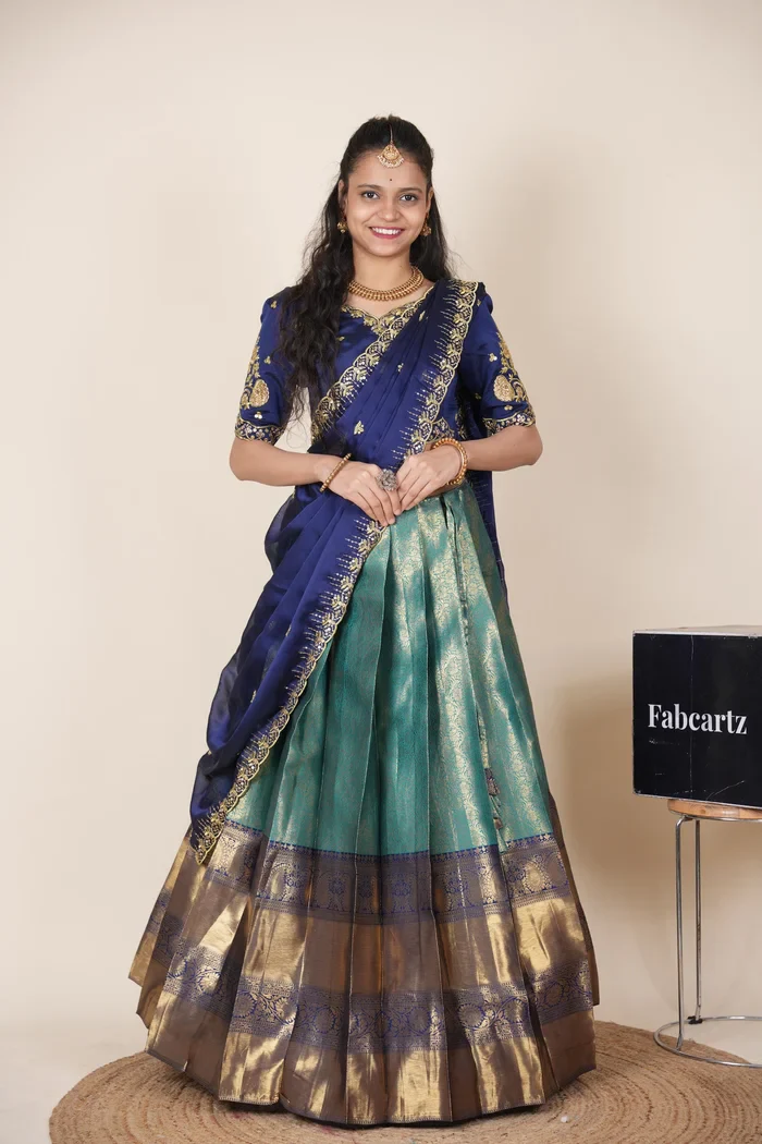Beautiful South Indian Style Half Saree with Embroidery Blouse and Dupatta for Women | Kalyani Kv - Image 85