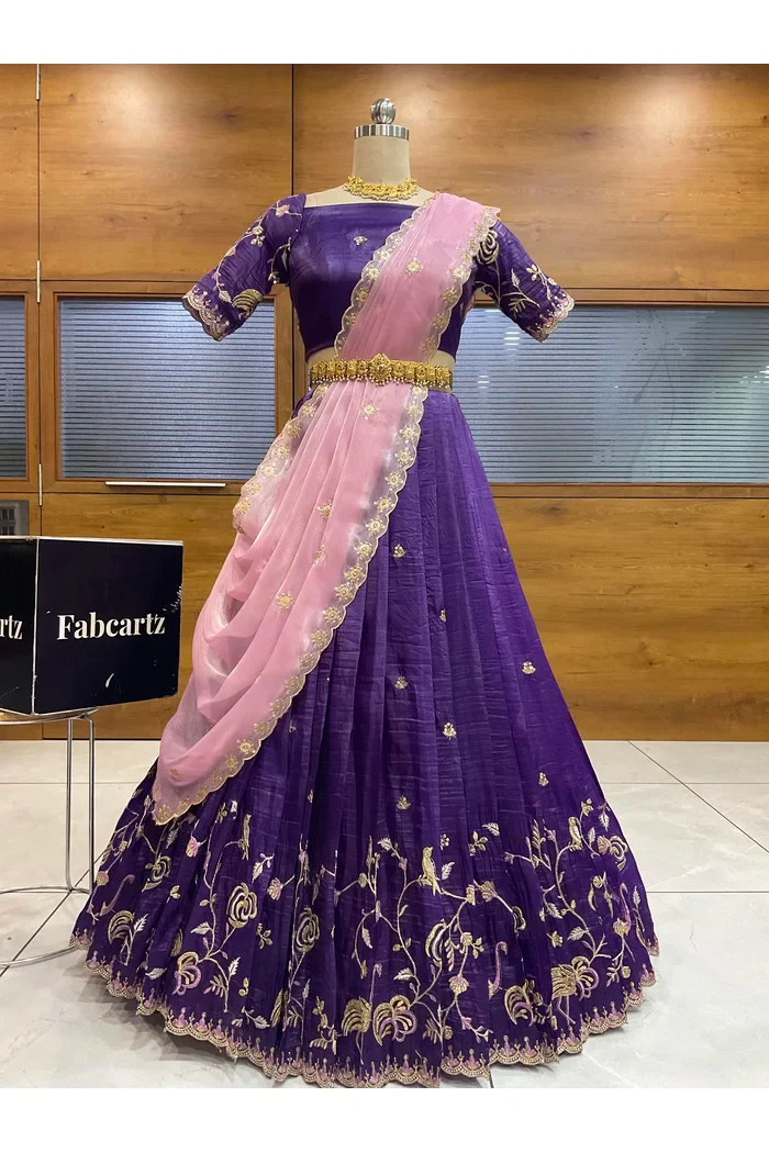 Beautiful South Indian Style Half Saree with Embroidery Blouse and Dupatta for Women | Shuturamurg