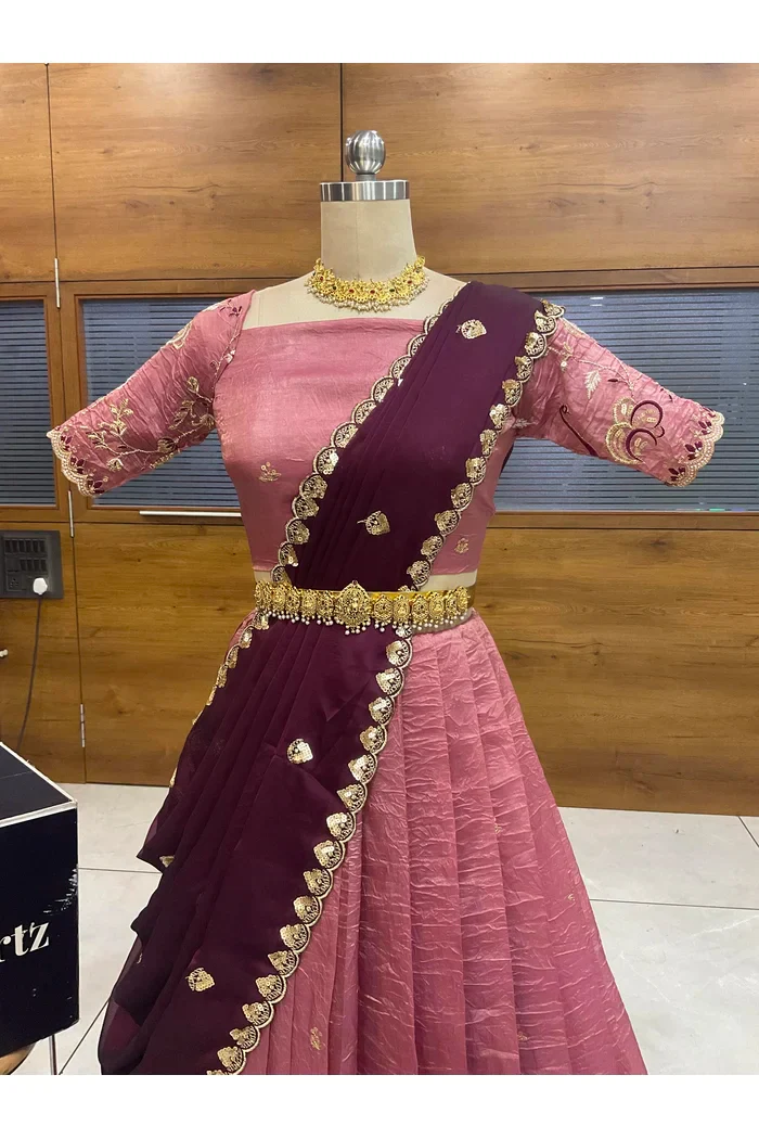 Beautiful South Indian Style Half Saree with Embroidery Blouse and Dupatta for Women | Shuturamurg - Image 10