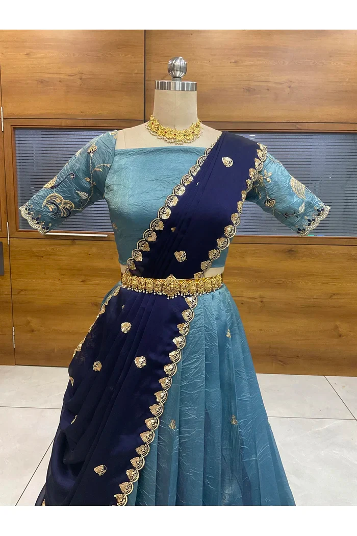 Beautiful South Indian Style Half Saree with Embroidery Blouse and Dupatta for Women | Shuturamurg - Image 14