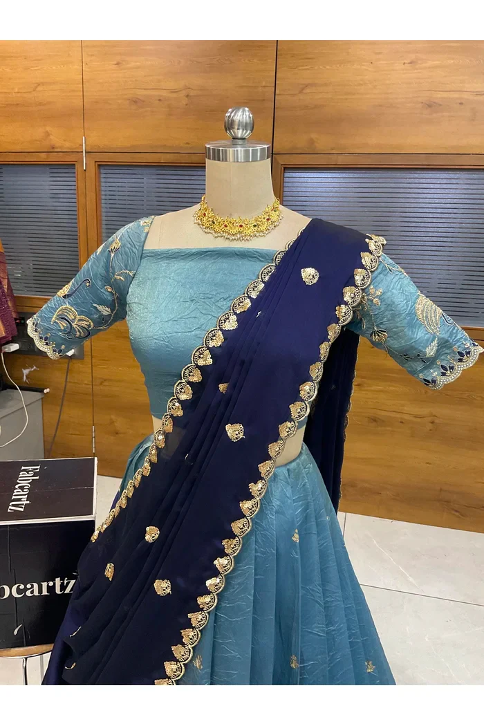 Beautiful South Indian Style Half Saree with Embroidery Blouse and Dupatta for Women | Shuturamurg - Image 16