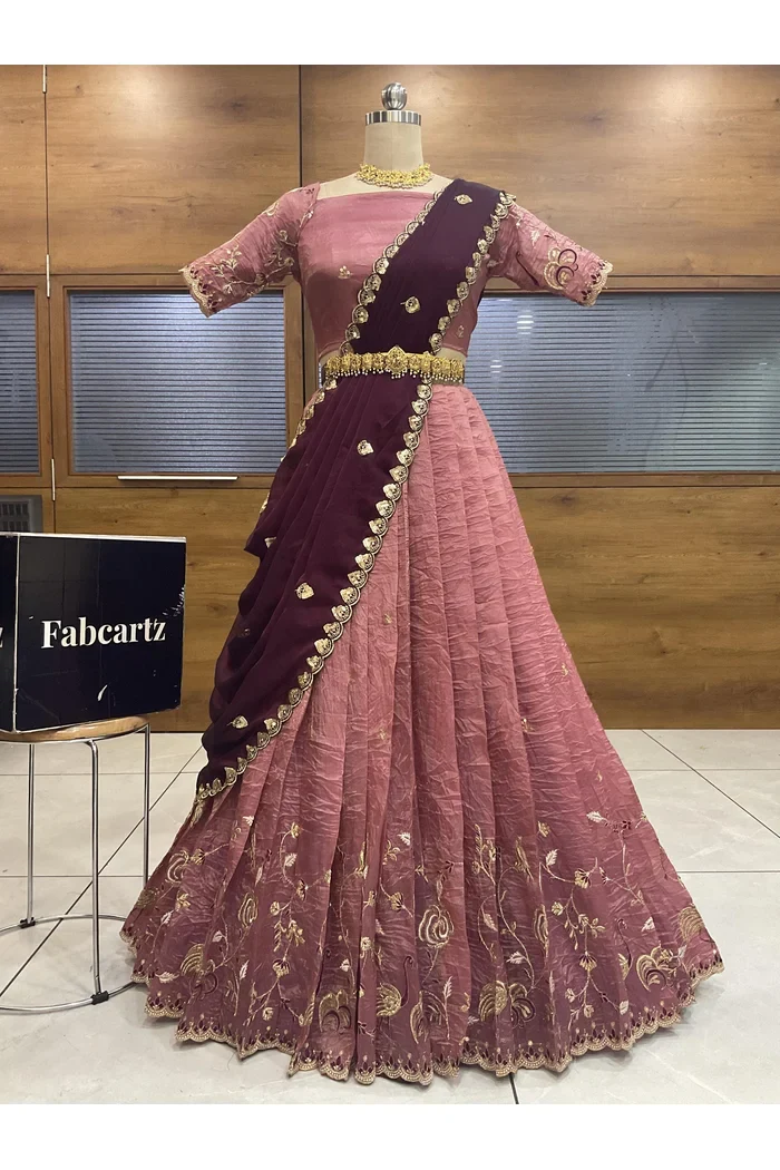 Beautiful South Indian Style Half Saree with Embroidery Blouse and Dupatta for Women | Shuturamurg - Image 29