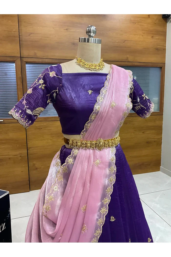 Beautiful South Indian Style Half Saree with Embroidery Blouse and Dupatta for Women | Shuturamurg - Image 3