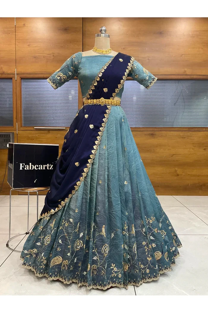 Beautiful South Indian Style Half Saree with Embroidery Blouse and Dupatta for Women | Shuturamurg - Image 39