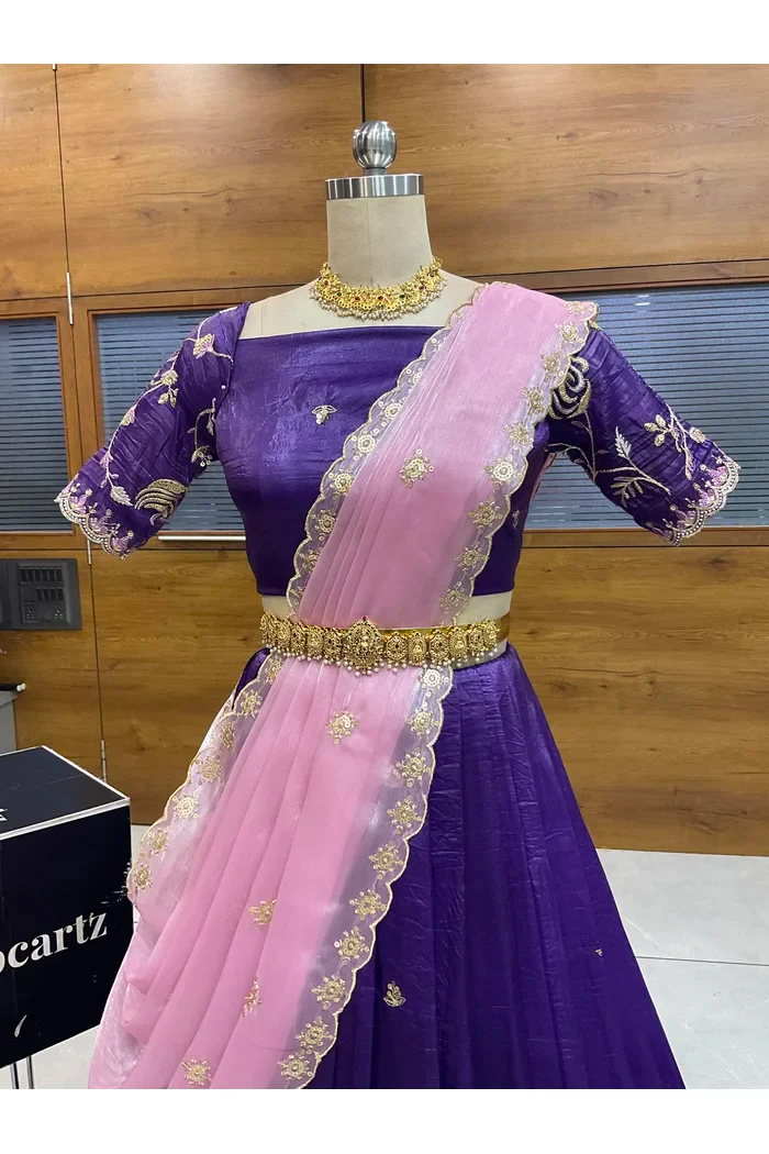 Beautiful South Indian Style Half Saree with Embroidery Blouse and Dupatta for Women | Shuturamurg - Image 4