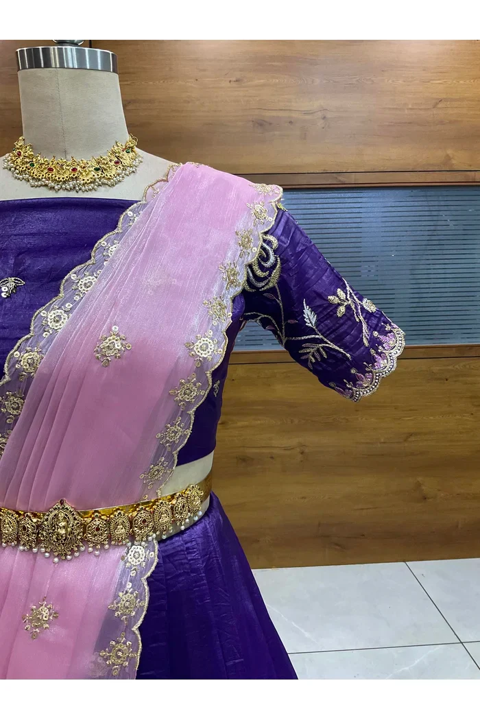 Beautiful South Indian Style Half Saree with Embroidery Blouse and Dupatta for Women | Shuturamurg - Image 5