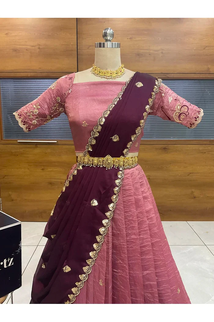 Beautiful South Indian Style Half Saree with Embroidery Blouse and Dupatta for Women | Shuturamurg - Image 8