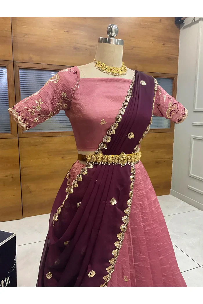 Beautiful South Indian Style Half Saree with Embroidery Blouse and Dupatta for Women | Shuturamurg - Image 9