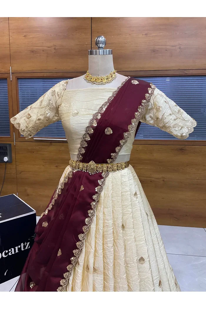 Beautiful South Indian Style Half Saree with Embroidery Blouse and Dupatta for Women | Zeel - Image 10