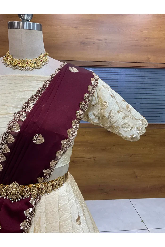 Beautiful South Indian Style Half Saree with Embroidery Blouse and Dupatta for Women | Zeel - Image 11