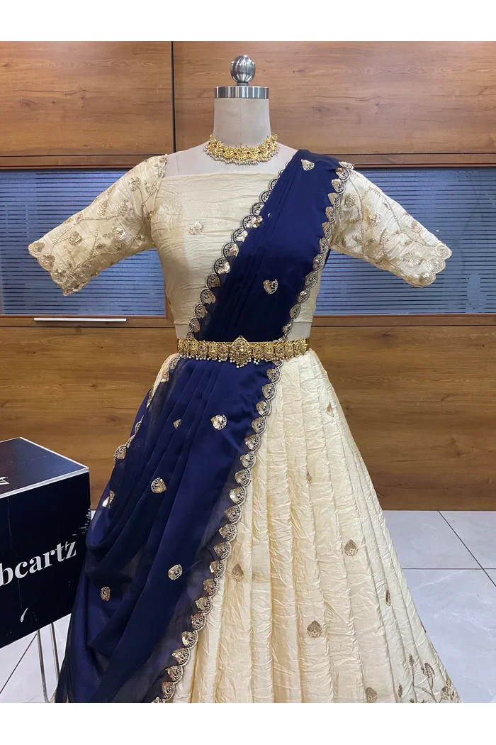 Beautiful South Indian Style Half Saree with Embroidery Blouse and Dupatta for Women | Zeel - Image 14