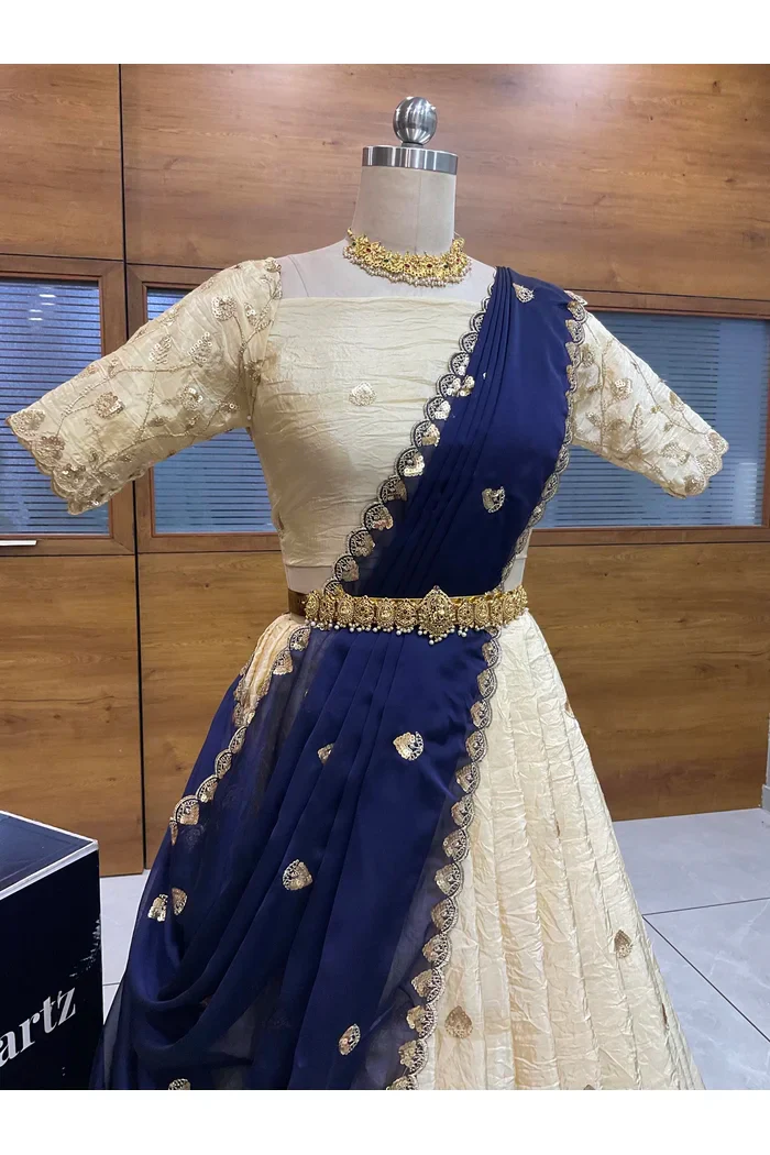 Beautiful South Indian Style Half Saree with Embroidery Blouse and Dupatta for Women | Zeel - Image 15