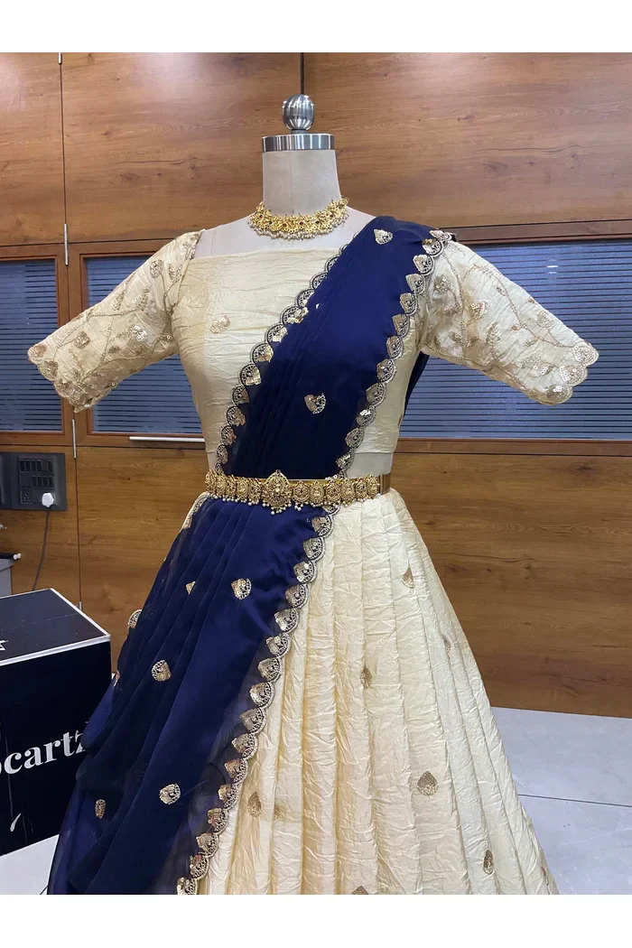 Beautiful South Indian Style Half Saree with Embroidery Blouse and Dupatta for Women | Zeel - Image 16