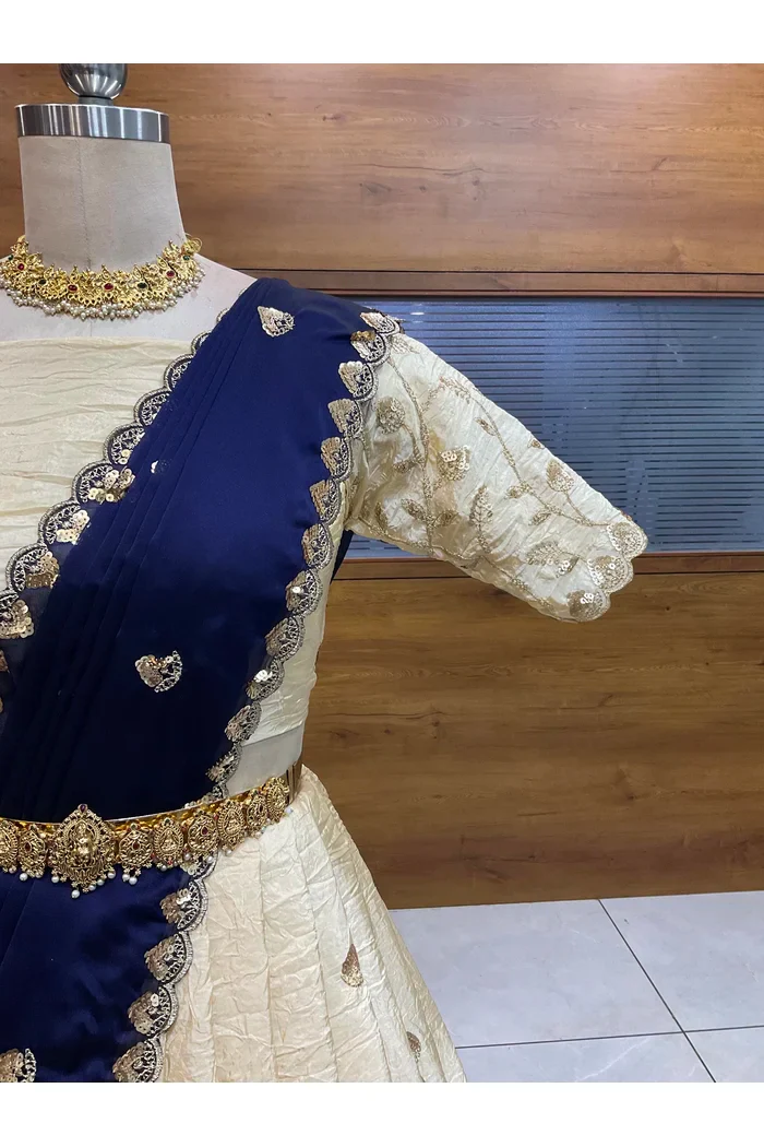 Beautiful South Indian Style Half Saree with Embroidery Blouse and Dupatta for Women | Zeel - Image 17
