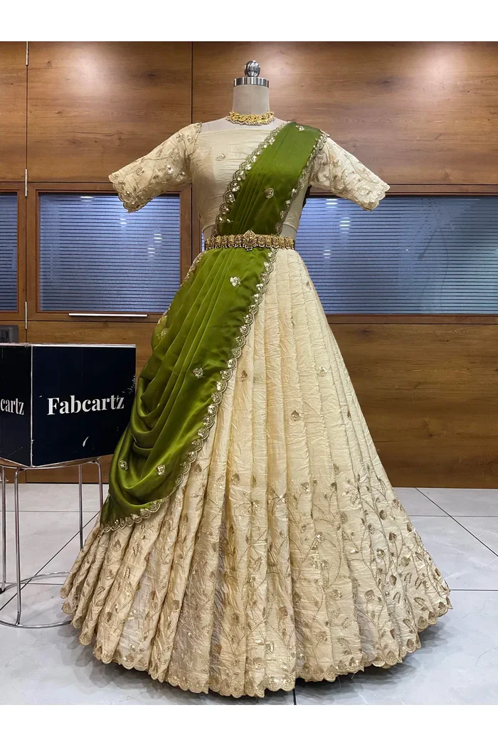 Beautiful South Indian Style Half Saree with Embroidery Blouse and Dupatta for Women | Zeel - Image 19