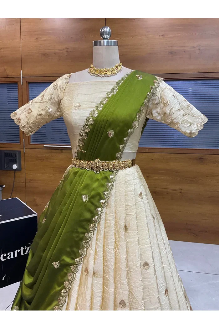 Beautiful South Indian Style Half Saree with Embroidery Blouse and Dupatta for Women | Zeel - Image 22