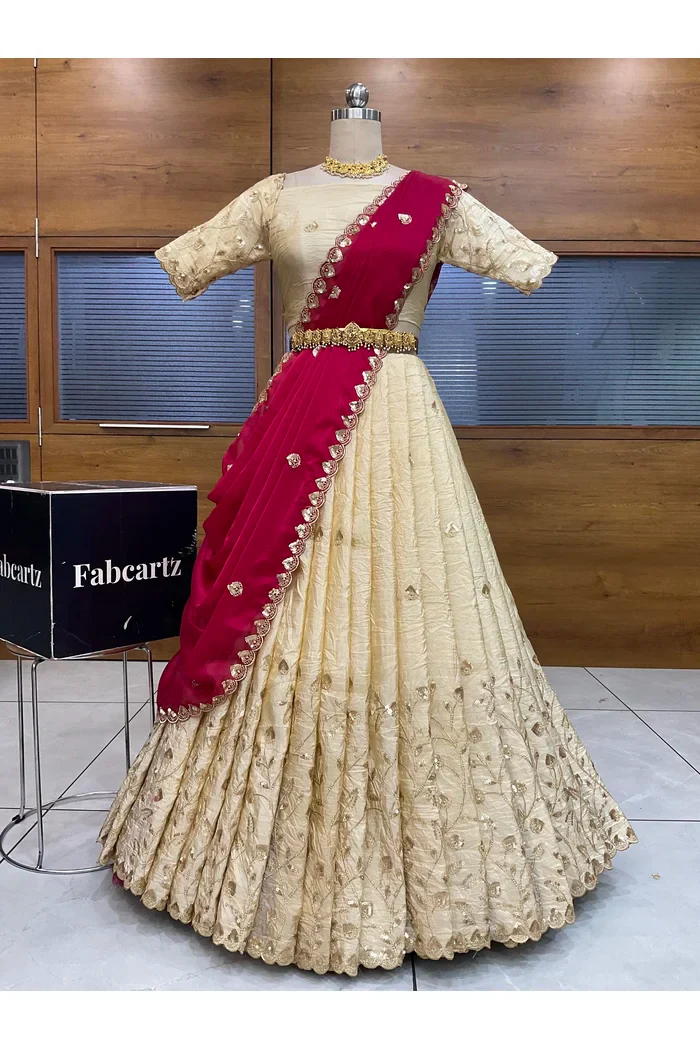 Beautiful South Indian Style Half Saree with Embroidery Blouse and Dupatta for Women | Zeel - Image 25