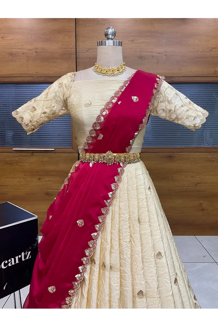 Beautiful South Indian Style Half Saree with Embroidery Blouse and Dupatta for Women | Zeel - Image 27