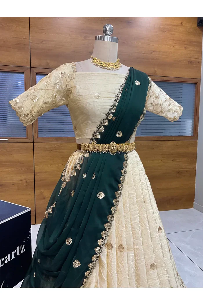 Beautiful South Indian Style Half Saree with Embroidery Blouse and Dupatta for Women | Zeel - Image 3