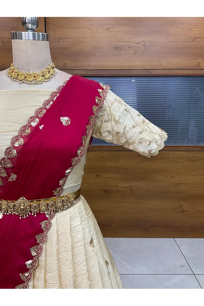 Beautiful South Indian Style Half Saree with Embroidery Blouse and Dupatta for Women | Zeel - Image 31