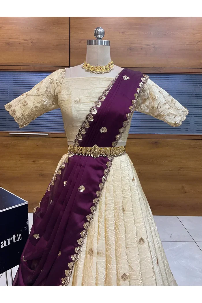 Beautiful South Indian Style Half Saree with Embroidery Blouse and Dupatta for Women | Zeel - Image 34