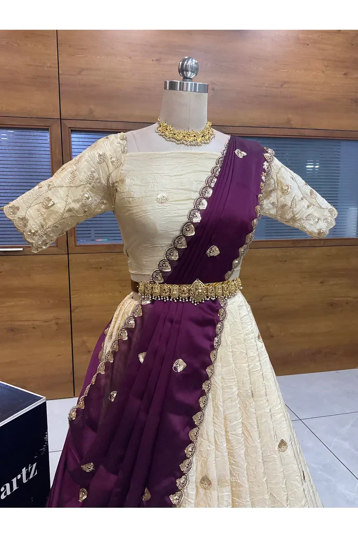 Beautiful South Indian Style Half Saree with Embroidery Blouse and Dupatta for Women | Zeel - Image 35