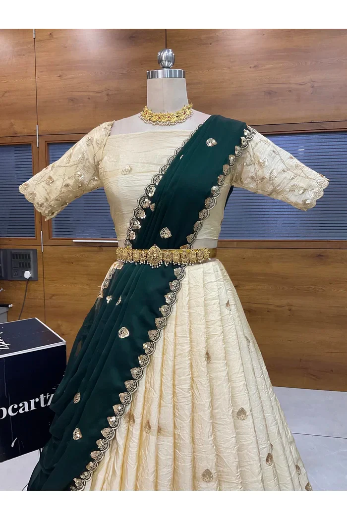 Beautiful South Indian Style Half Saree with Embroidery Blouse and Dupatta for Women | Zeel - Image 4