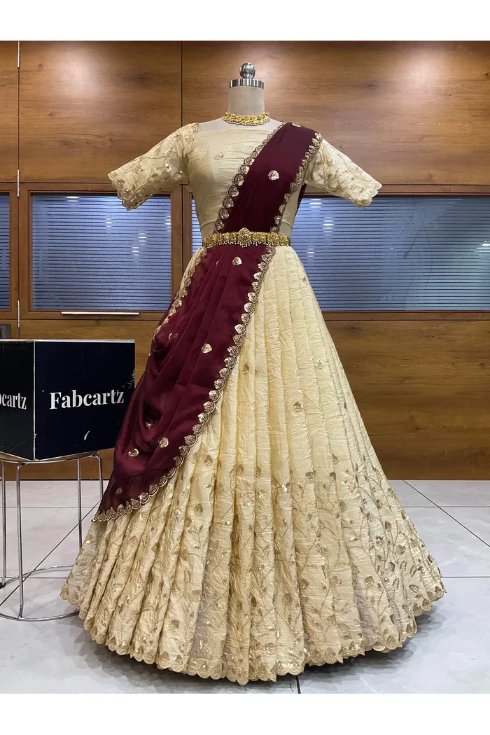 Beautiful South Indian Style Half Saree with Embroidery Blouse and Dupatta for Women | Zeel - Image 7