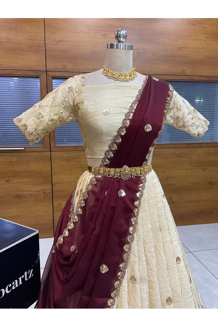 Beautiful South Indian Style Half Saree with Embroidery Blouse and Dupatta for Women | Zeel - Image 9