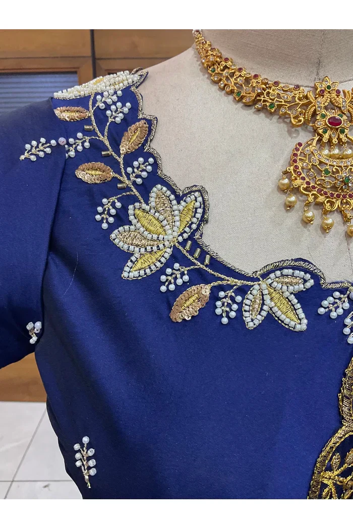Beautiful South Indian Style Half Saree with Hand Work & Beads Work Blouse and Dupatta for Women | Meghnath - Image 10