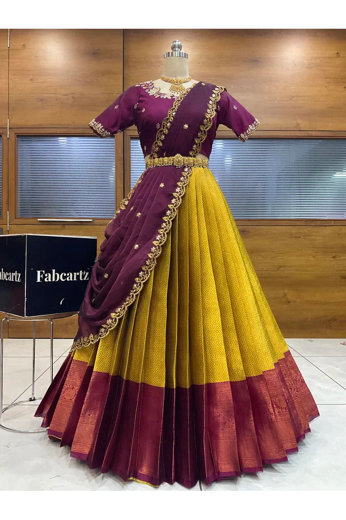 Beautiful South Indian Style Half Saree with Hand Work & Beads Work Blouse and Dupatta for Women | Meghnath - Image 24