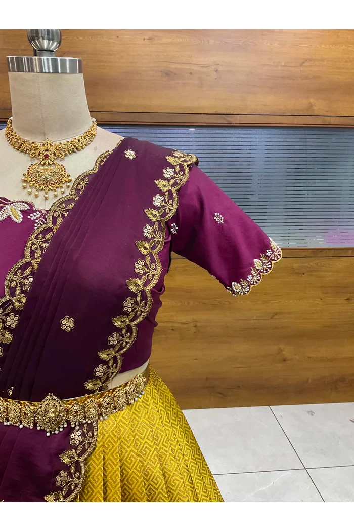 Beautiful South Indian Style Half Saree with Hand Work & Beads Work Blouse and Dupatta for Women | Meghnath - Image 28