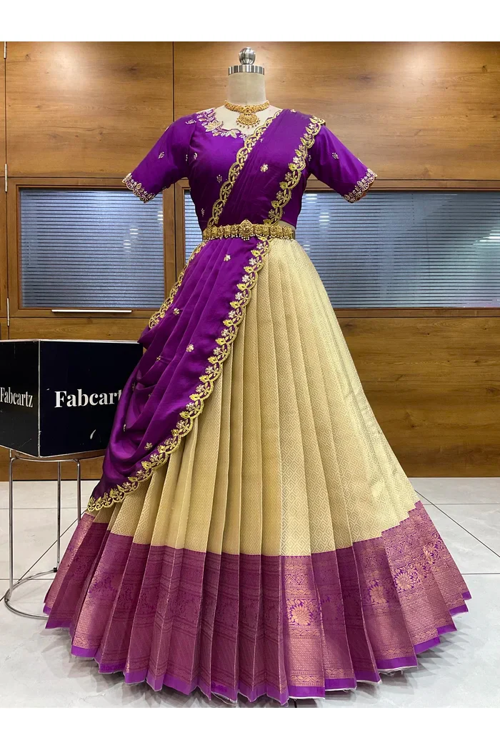 Beautiful South Indian Style Half Saree with Hand Work & Beads Work Blouse and Dupatta for Women | Meghnath - Image 31
