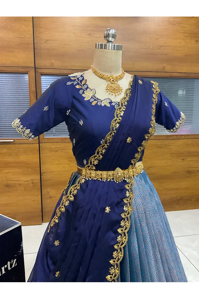 Beautiful South Indian Style Half Saree with Hand Work & Beads Work Blouse and Dupatta for Women | Meghnath - Image 8