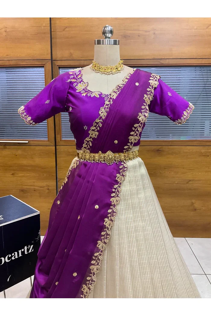 Beautiful South Indian Style Half Saree with Hand Work Blouse and Dupatta for Women | BiliPatra - Image 10