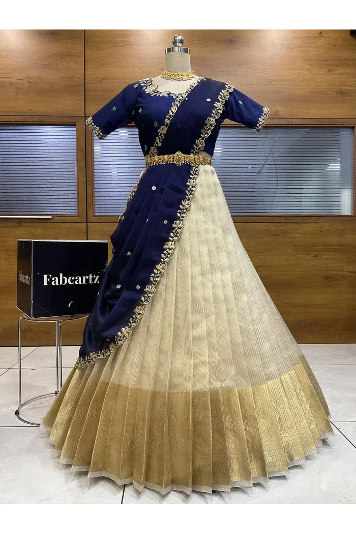 Beautiful South Indian Style Half Saree with Hand Work Blouse and Dupatta for Women | BiliPatra - Image 101