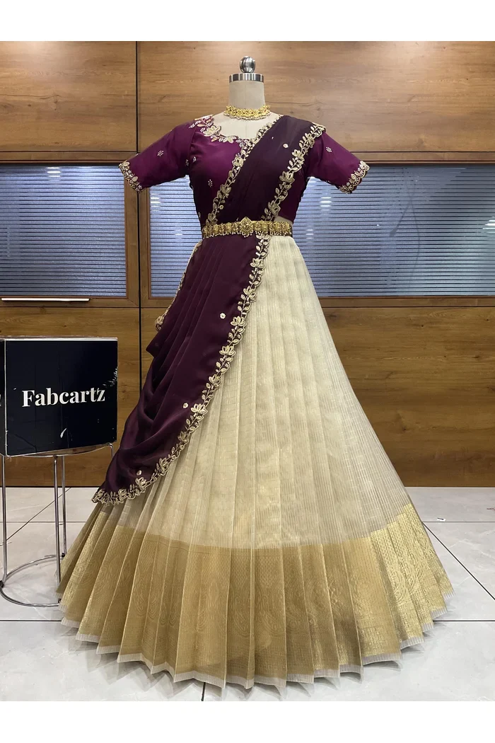 Beautiful South Indian Style Half Saree with Hand Work Blouse and Dupatta for Women | BiliPatra - Image 137