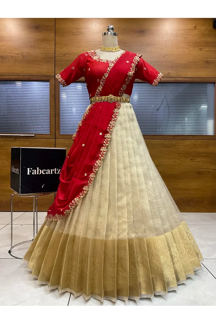 Beautiful South Indian Style Half Saree with Hand Work Blouse and Dupatta for Women | BiliPatra - Image 149