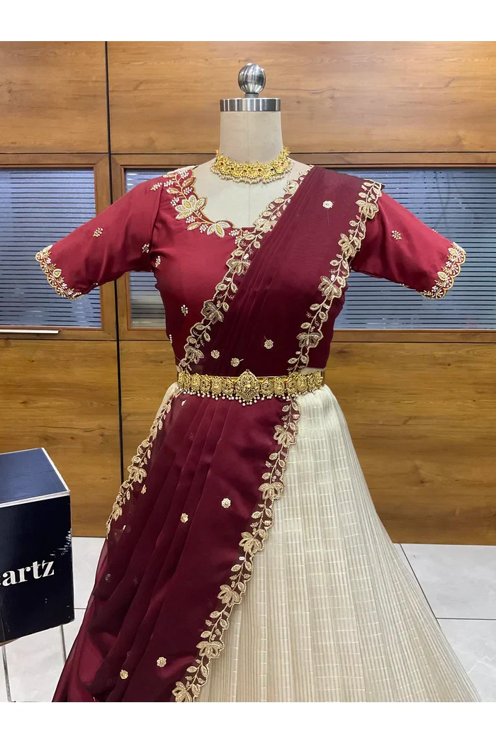 Beautiful South Indian Style Half Saree with Hand Work Blouse and Dupatta for Women | BiliPatra - Image 17