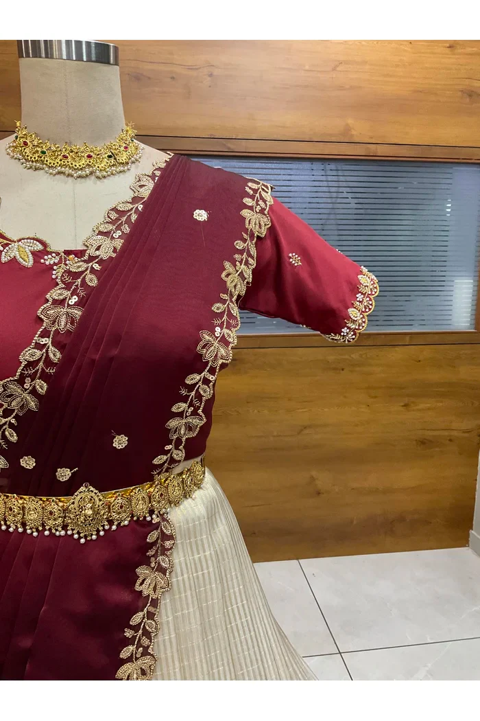 Beautiful South Indian Style Half Saree with Hand Work Blouse and Dupatta for Women | BiliPatra - Image 21