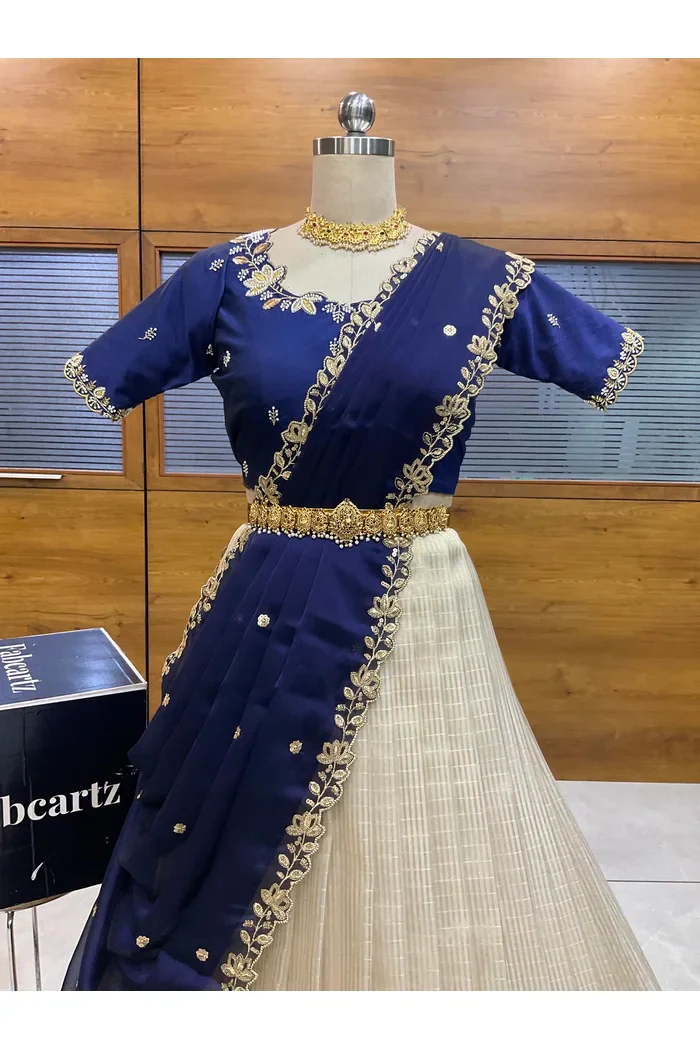 Beautiful South Indian Style Half Saree with Hand Work Blouse and Dupatta for Women | BiliPatra - Image 24