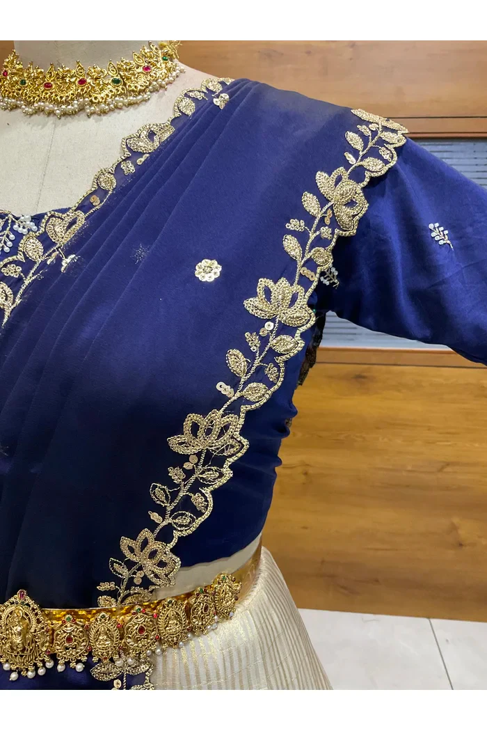 Beautiful South Indian Style Half Saree with Hand Work Blouse and Dupatta for Women | BiliPatra - Image 29