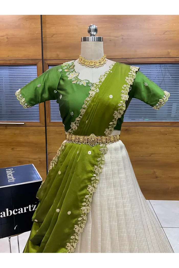 Beautiful South Indian Style Half Saree with Hand Work Blouse and Dupatta for Women | BiliPatra - Image 32