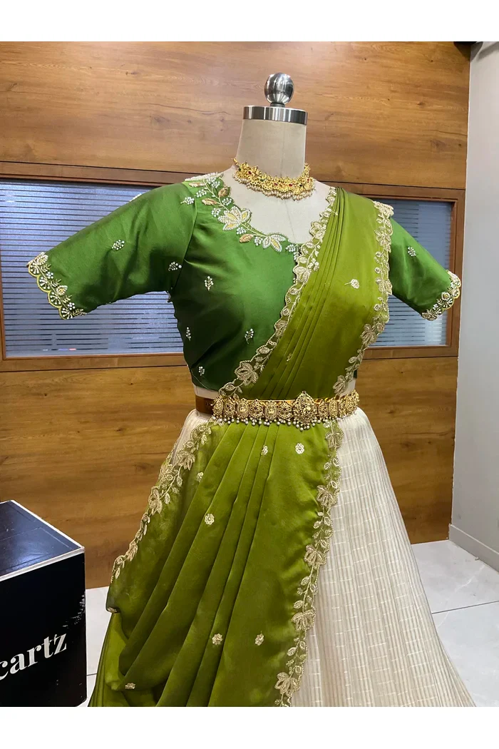 Beautiful South Indian Style Half Saree with Hand Work Blouse and Dupatta for Women | BiliPatra - Image 33