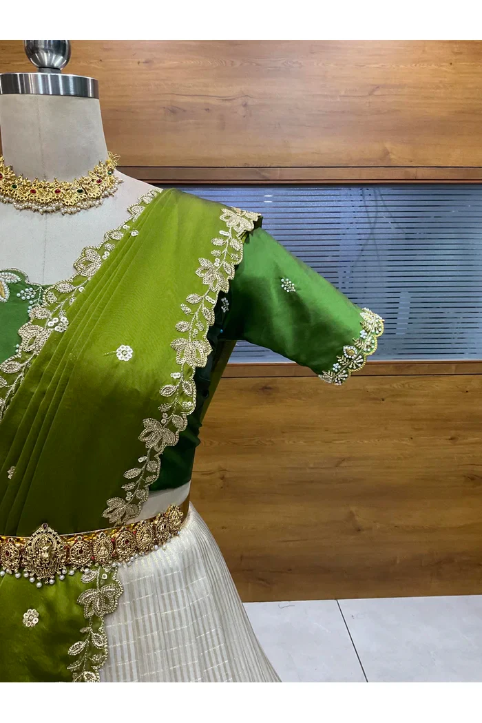Beautiful South Indian Style Half Saree with Hand Work Blouse and Dupatta for Women | BiliPatra - Image 36