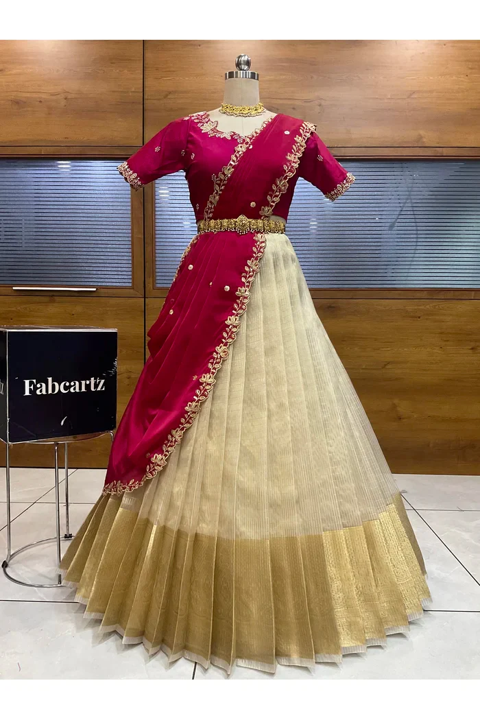 Beautiful South Indian Style Half Saree with Hand Work Blouse and Dupatta for Women | BiliPatra - Image 39
