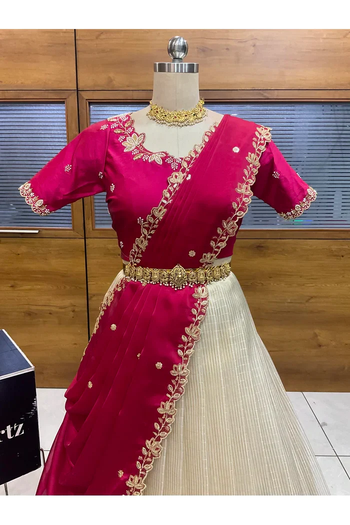 Beautiful South Indian Style Half Saree with Hand Work Blouse and Dupatta for Women | BiliPatra - Image 40