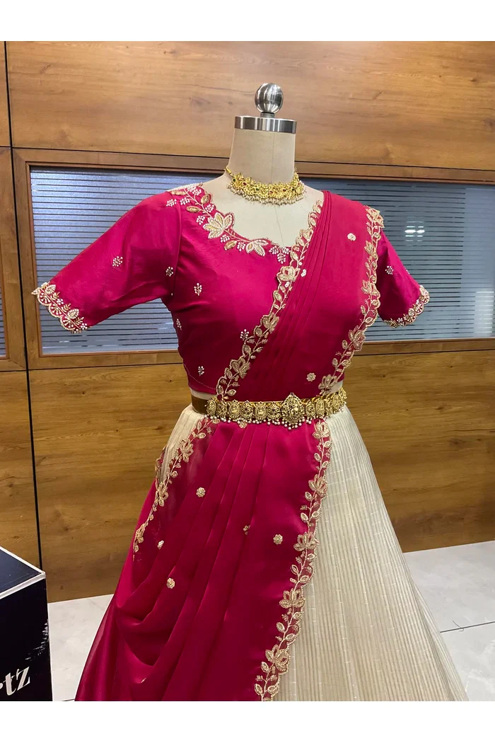 Beautiful South Indian Style Half Saree with Hand Work Blouse and Dupatta for Women | BiliPatra - Image 41