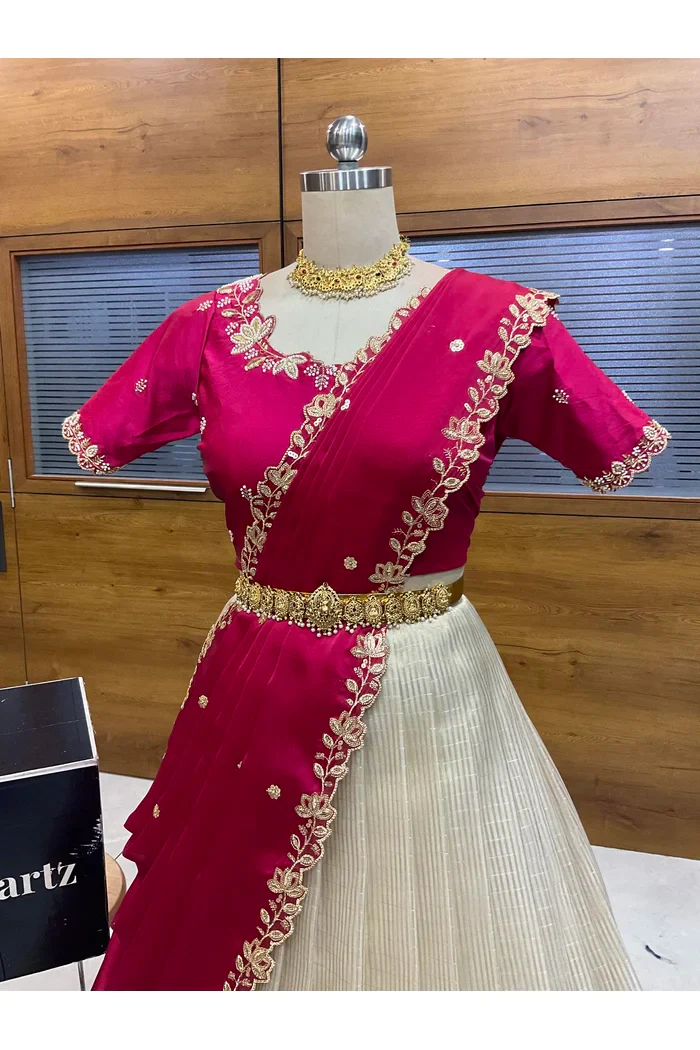Beautiful South Indian Style Half Saree with Hand Work Blouse and Dupatta for Women | BiliPatra - Image 42