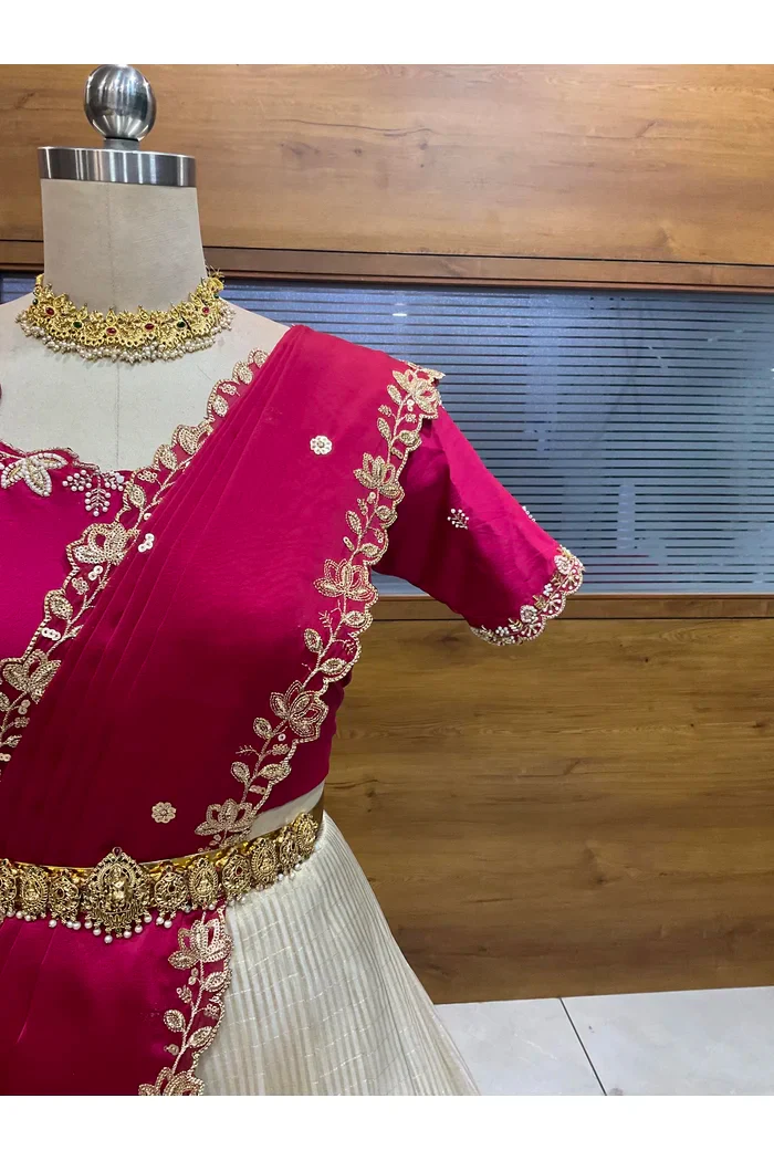 Beautiful South Indian Style Half Saree with Hand Work Blouse and Dupatta for Women | BiliPatra - Image 43